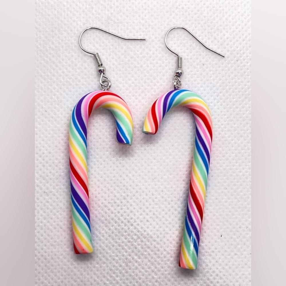 New Pair of Holiday Christmas Rainbow Swirl Candy Cane Earrings! Super Cute!